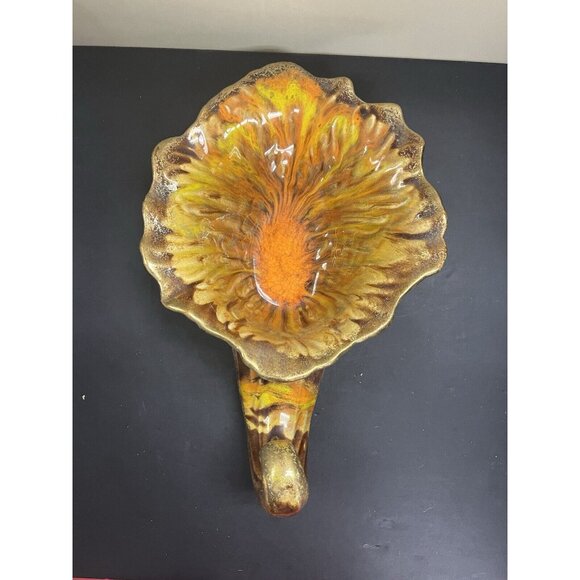 Large Vintage Vase Ceramic Horn Of Plenty Cornucopia MCM Drip Glaze Orange Brown - Picture 11 of 12